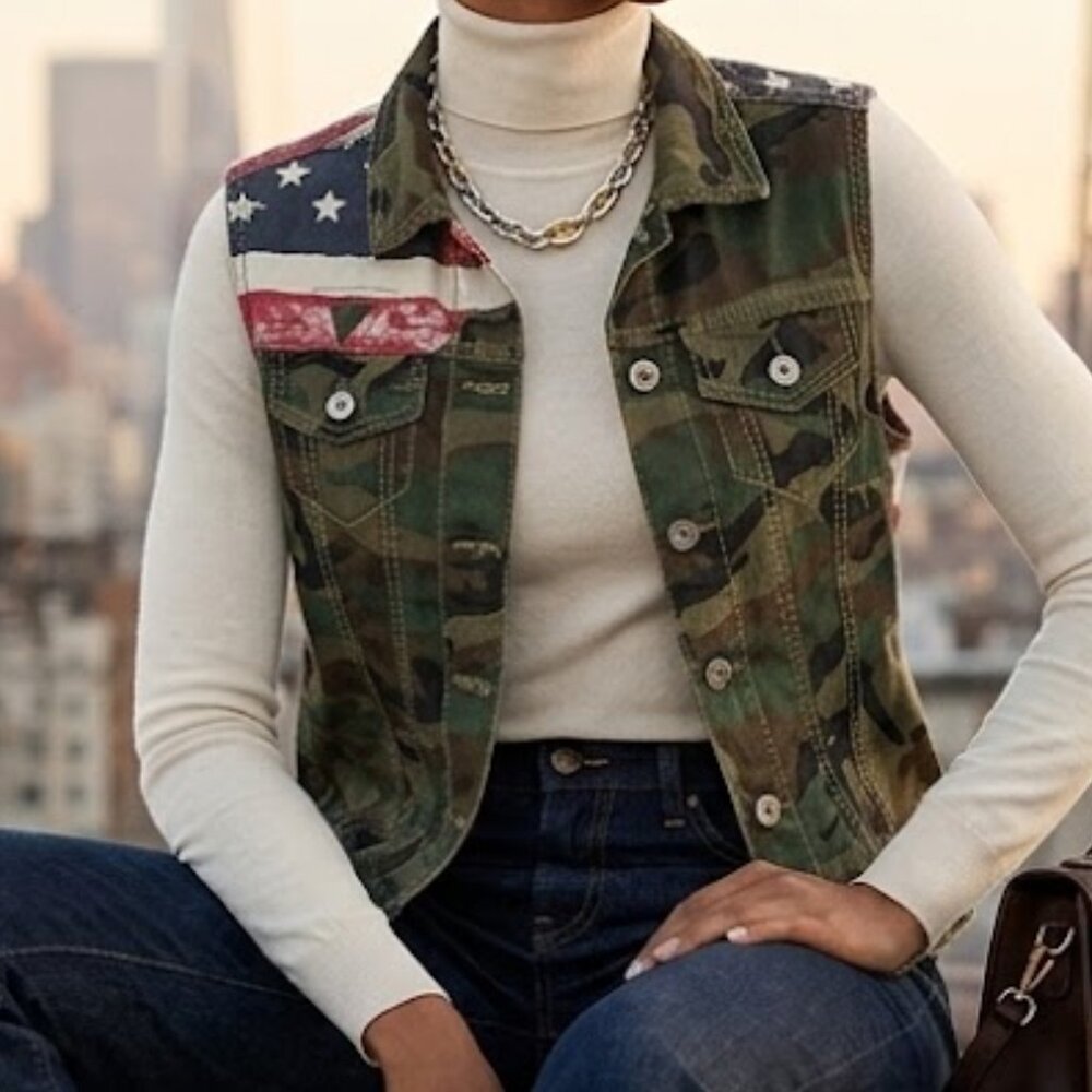 Y2K Grunge‎ Soho Babe Camo American Flag Denim Vest L Large